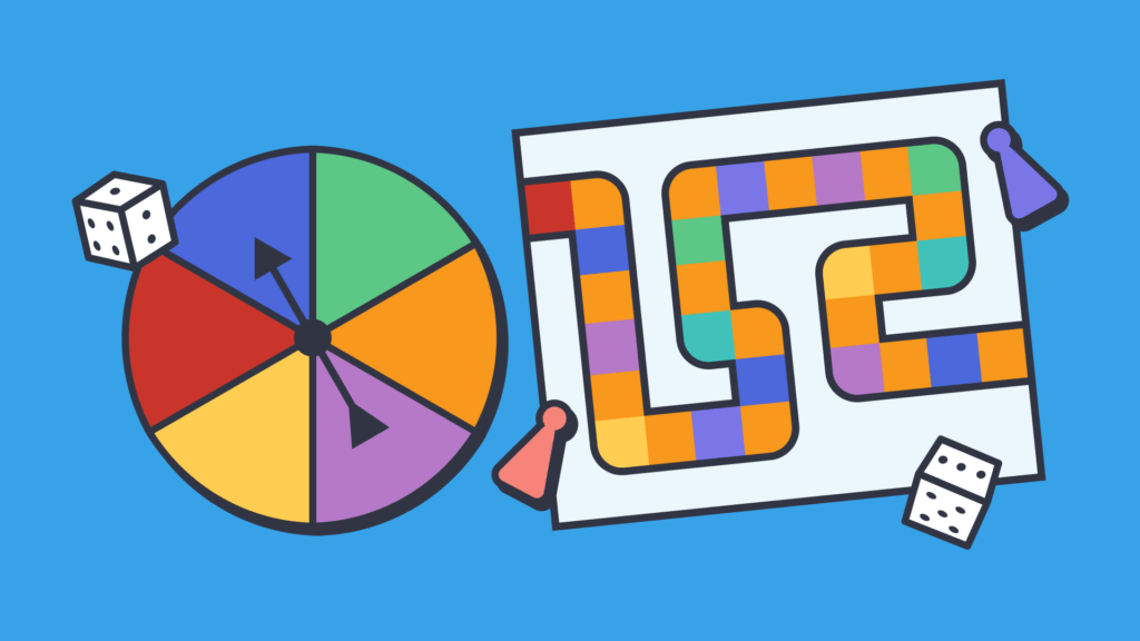 An illustration of a board game and color wheel with a spinning arrow.