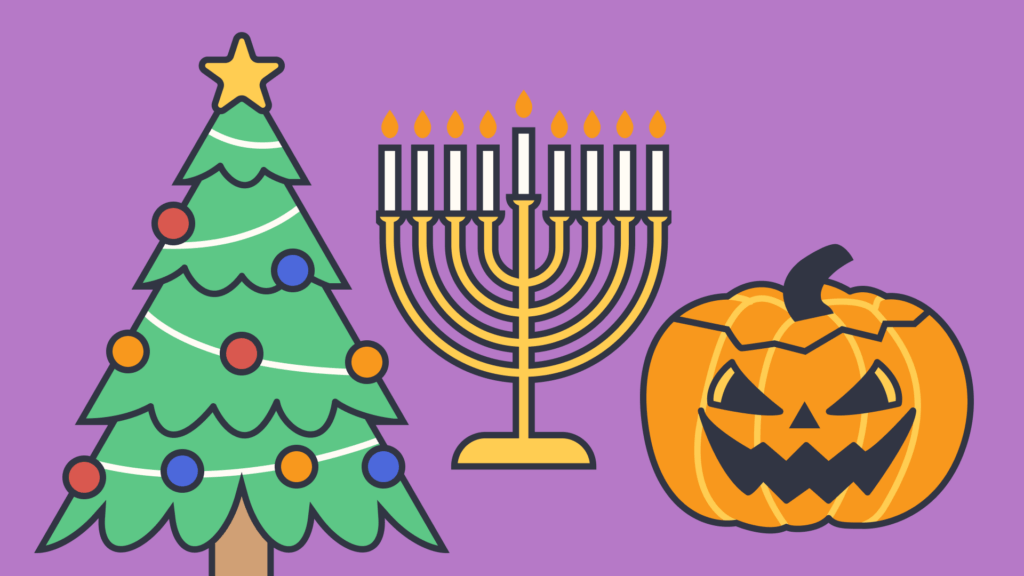 An illustration of a Christmas tree, a menorah and a jack-o-lantern.