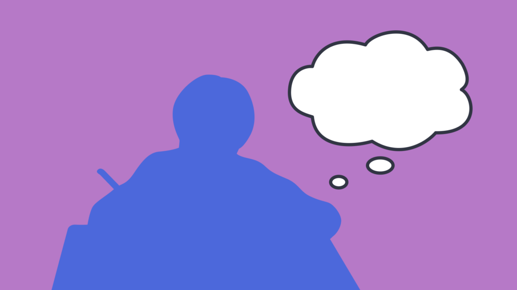 An illustration of a blue silhouette of a student and a thought bubble.