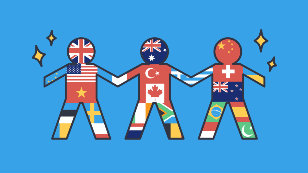 An illustration of different flags of countries inside three body figues holding hands.