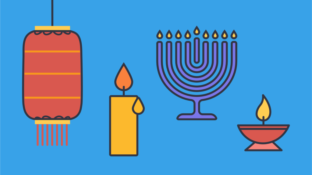 An illustration of Hanukkah lights, candles and a lantern.