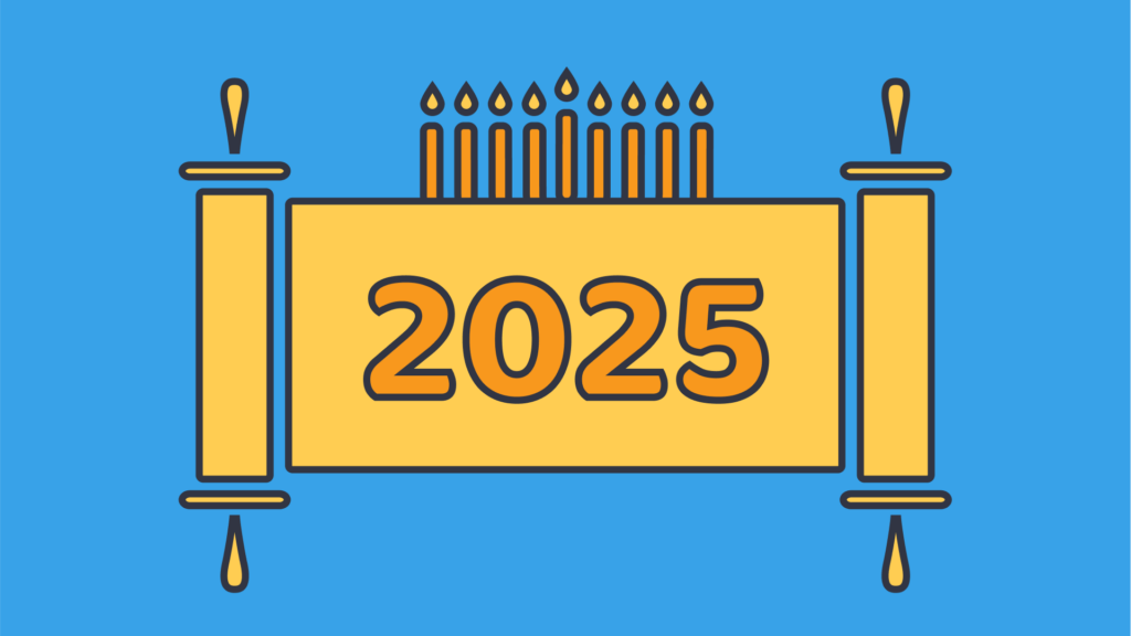 An illustration of a banner with 2025 written in and the center and candles above it.