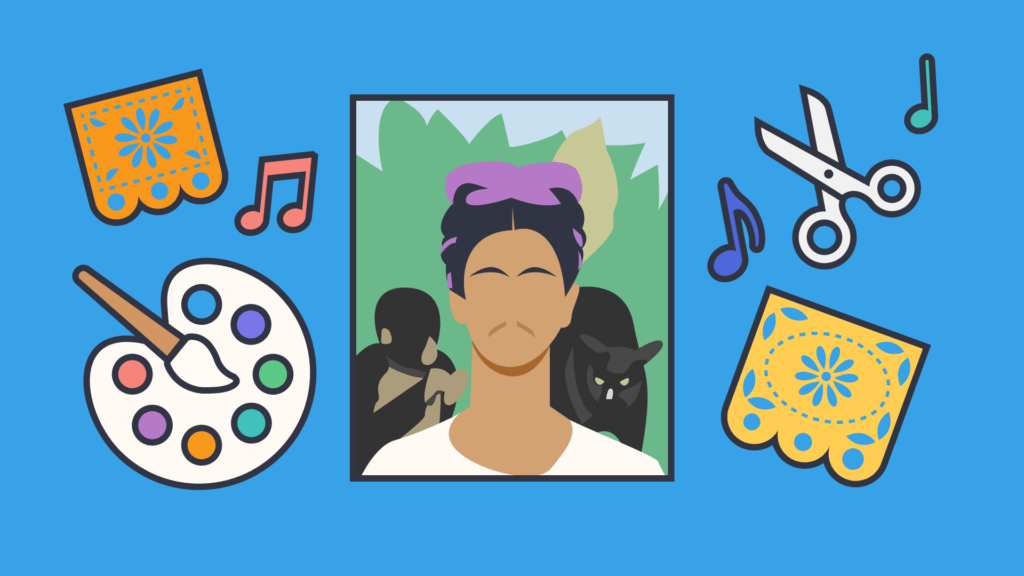 An illustration of a Frida Kahlo image in the center, surrounded by music notes, scissors, and paint palette.