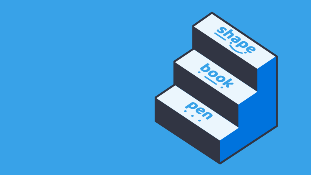 An illustration of a stairs with the words 'shape', 'book' and 'pen' on the steps