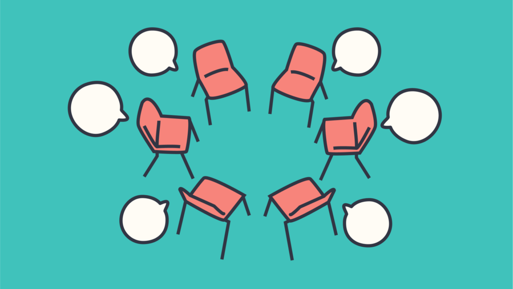 An illustration of chairs in a circles with speech bubbles next to each chair.
