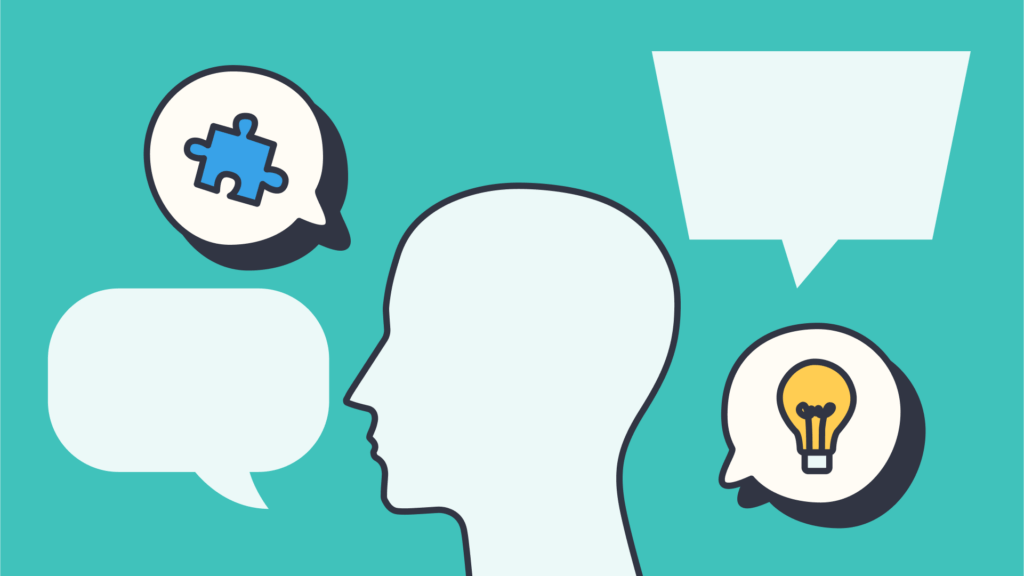 An illustration of an outline of the side profile of a head surrounded by speech bubbles.