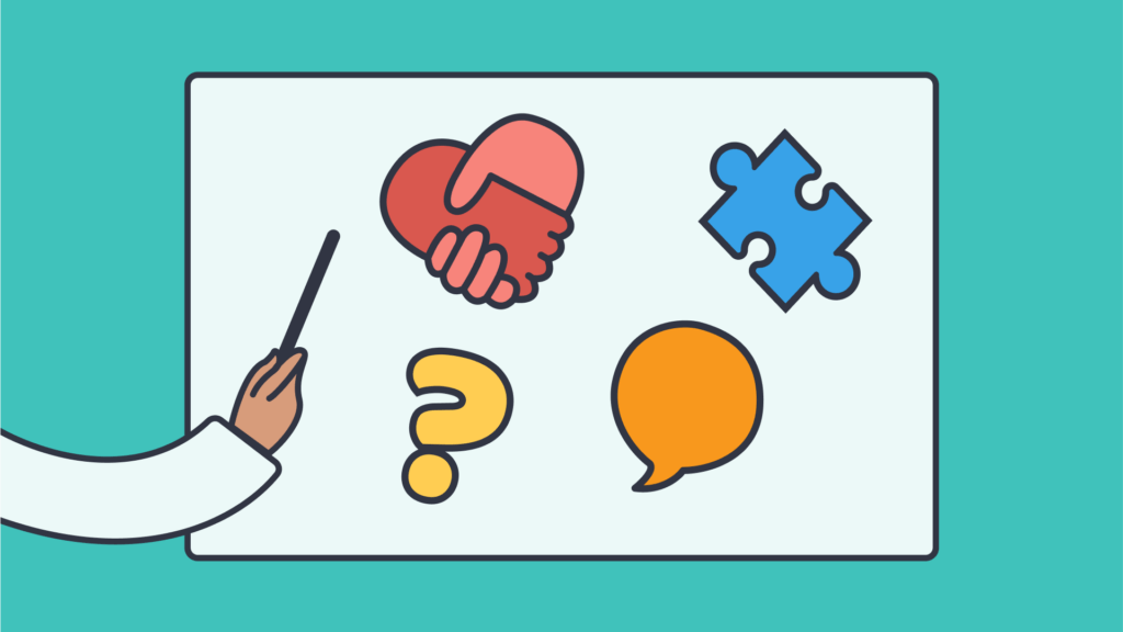 An illustration of a handle holding a stick and pointing to symbols of a question mark, speech bubble, puzzle piece, and heart shaped shaking hands on a whiteboard.