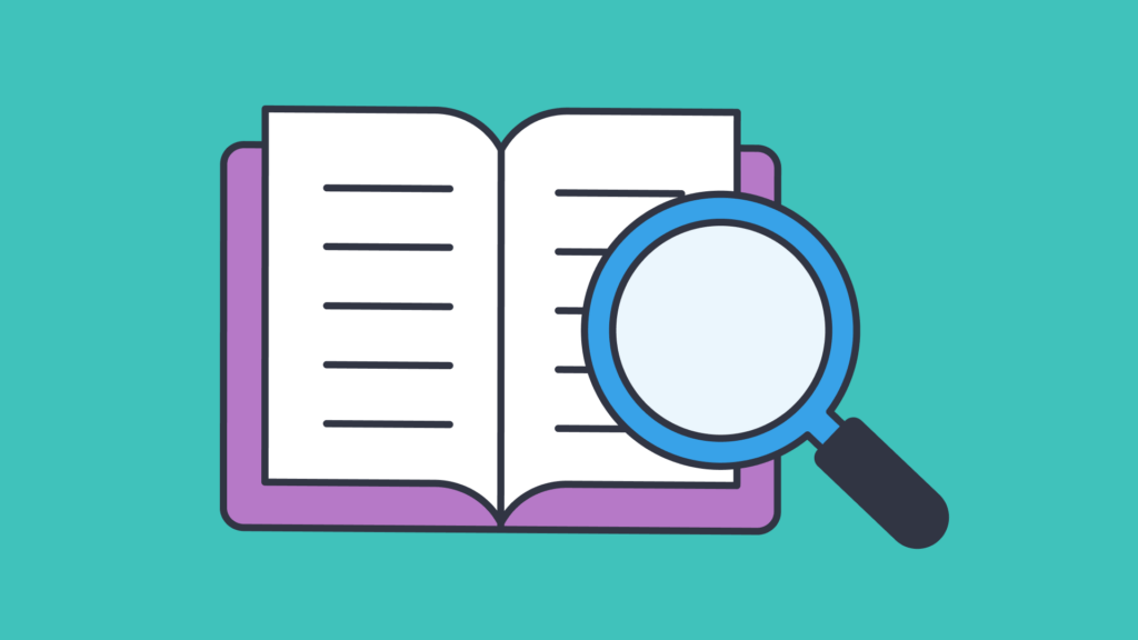 An illustration of an open book with a magnifying glass in front of it.