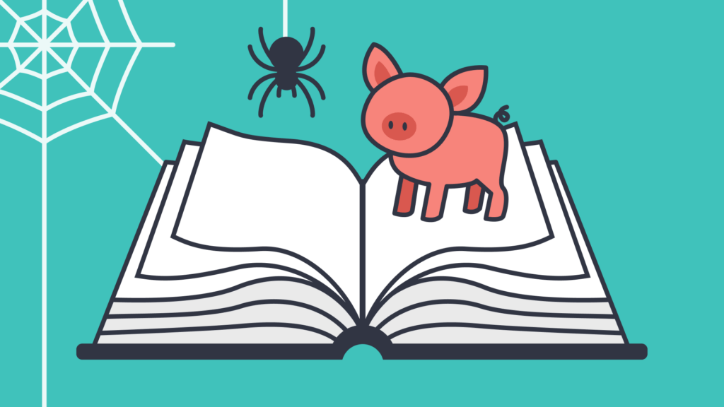 An illustration of an open book with a small pig standing on it, and a spider web at the top left corner and a spider hanging from its web above the open book.