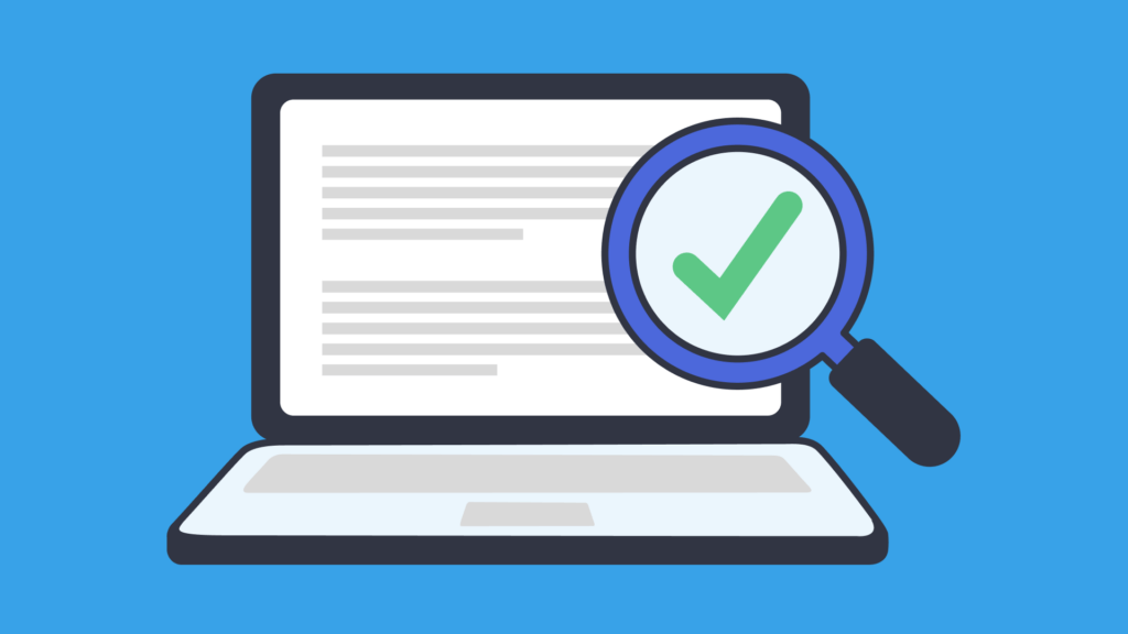 An illustration of an open laptop with a magnifying glass with a green check mark.