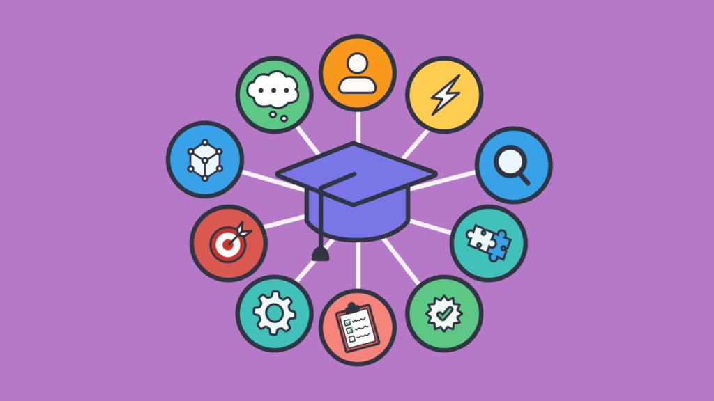An illustration of a graduation cap in the center with symbols linking to it.