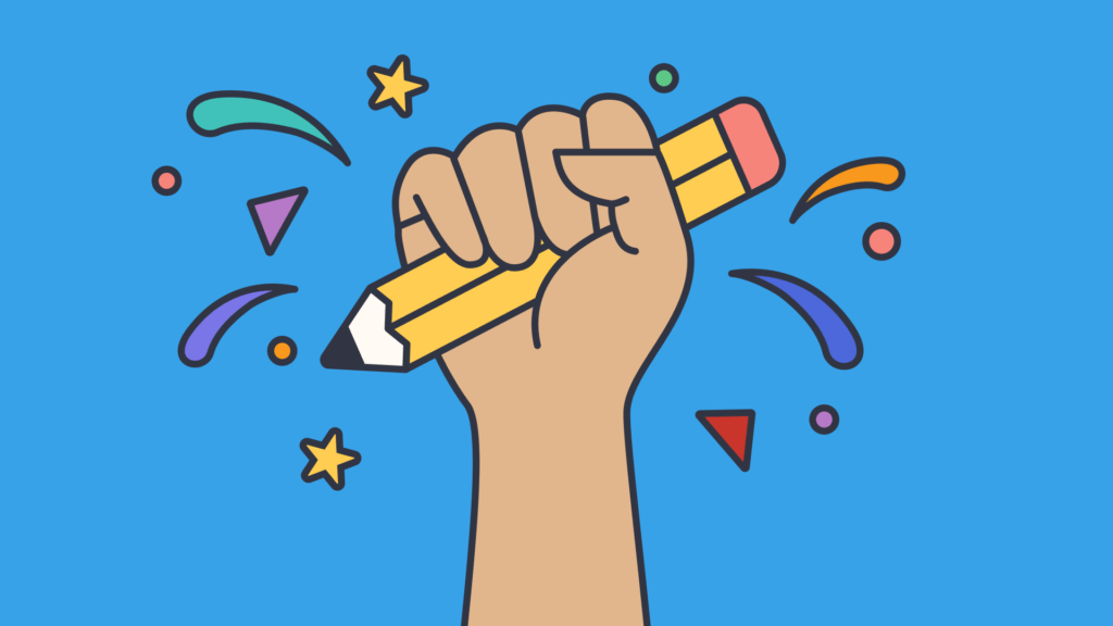 An illustration of a hand holding a pencil with colorful shapes surrounding it.