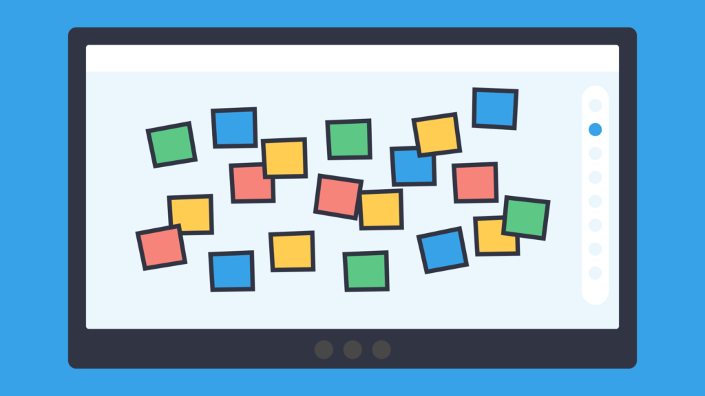 An illustration of a digital whiteboard with colorful square on it.