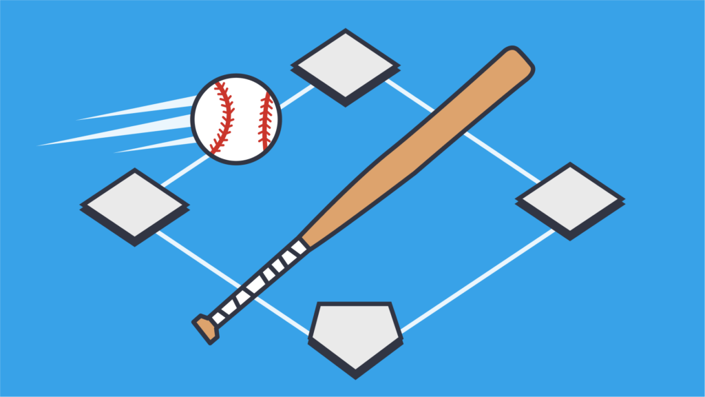 An illustration of a baseball bat, baseball ball, and baseball bases.