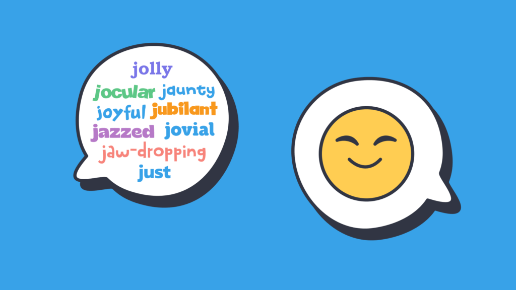 An illustrations of a smiley face in a speech bubble, and words starting with "j" in a speech bubble.