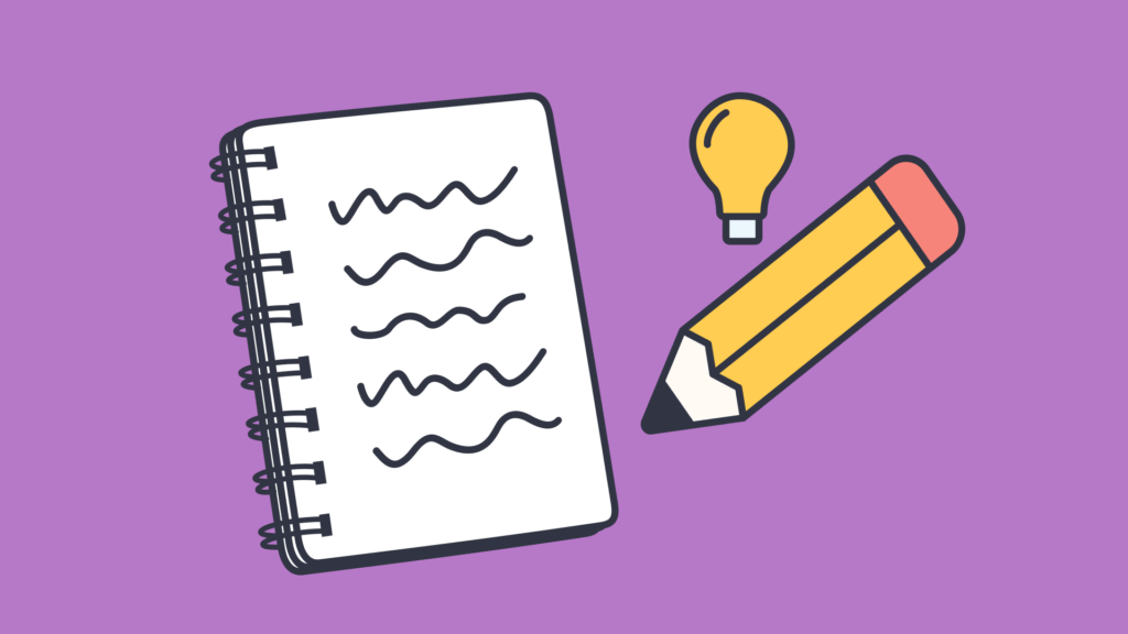 An illustration of a note book with writing on it, a pencil, and a light bulb.