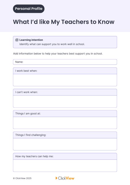A worksheet that students can complete to help their teachers get to know them