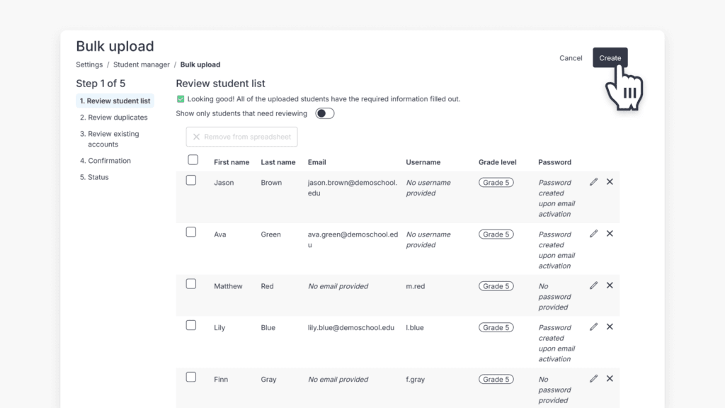 Cursor hovering over "Create" button in Review student list page
