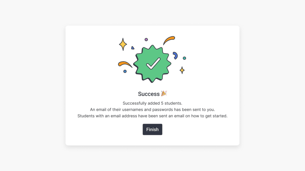 Window showing confirmation that students has been added successfully