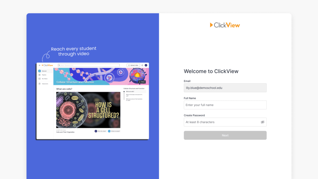 Enter Full Name and Create Password in Welcome to ClickView page