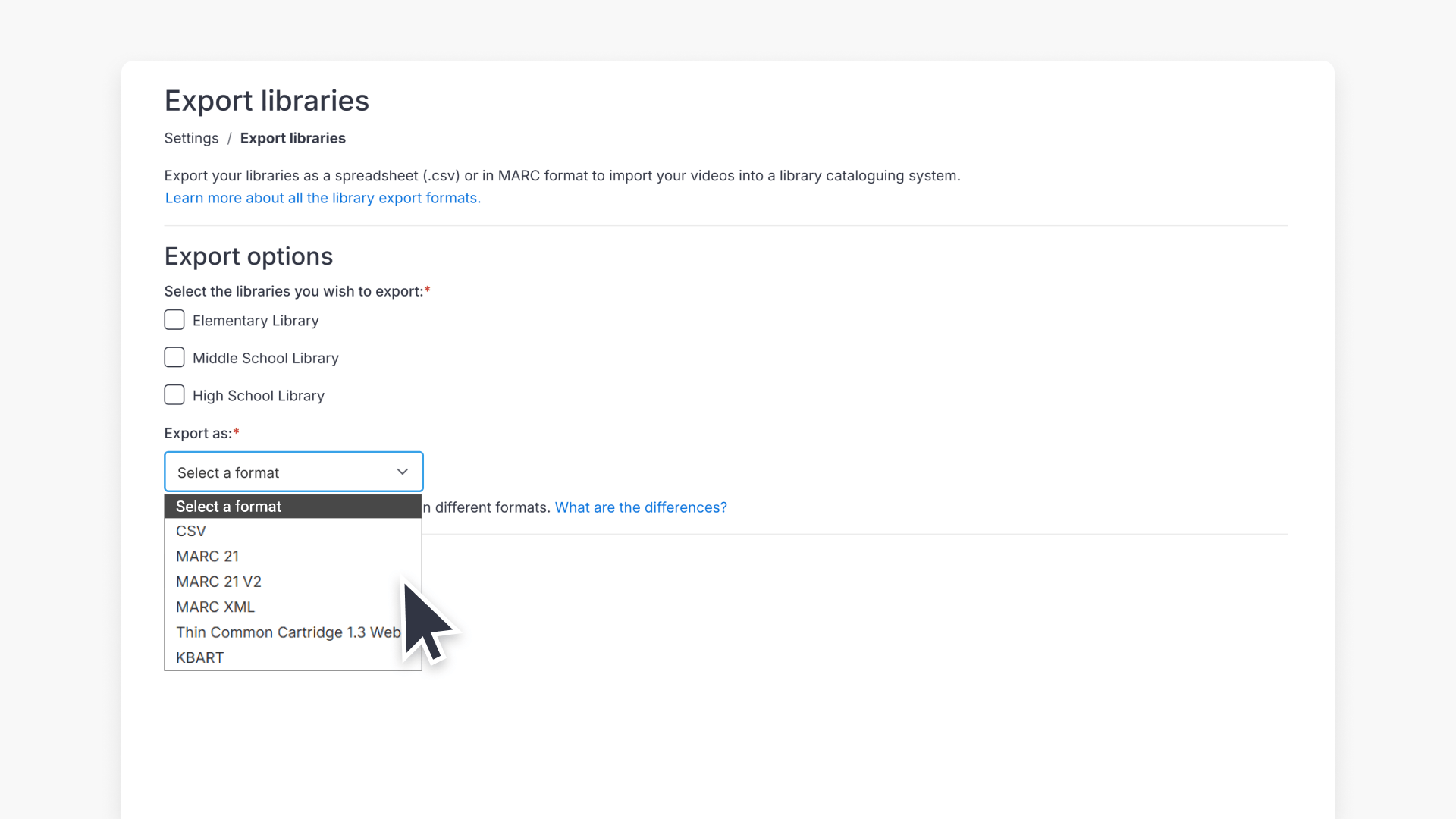 Export options navigation