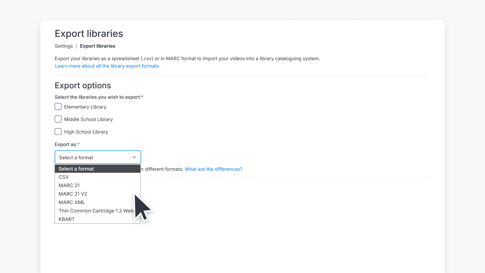Export options navigation