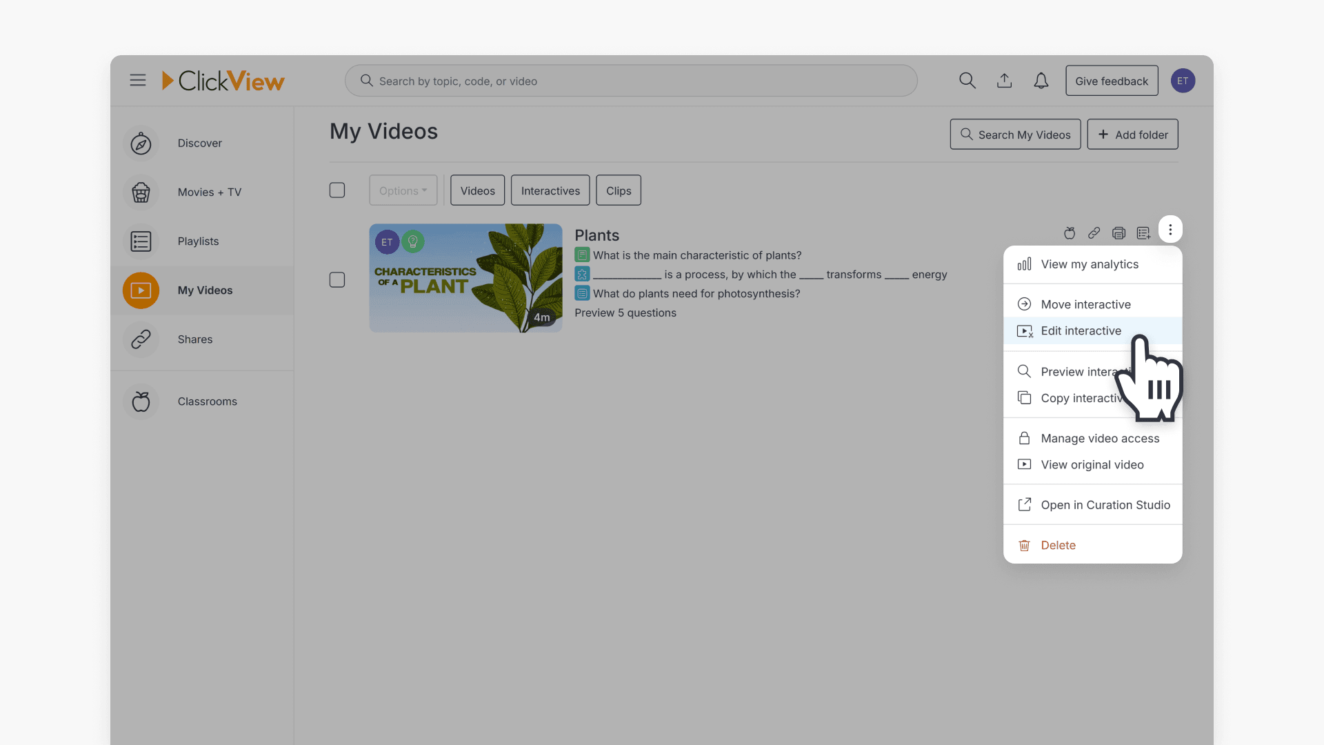 Hand pointing over 'Edit interactive' option under the 3-dot icon in the My Videos page