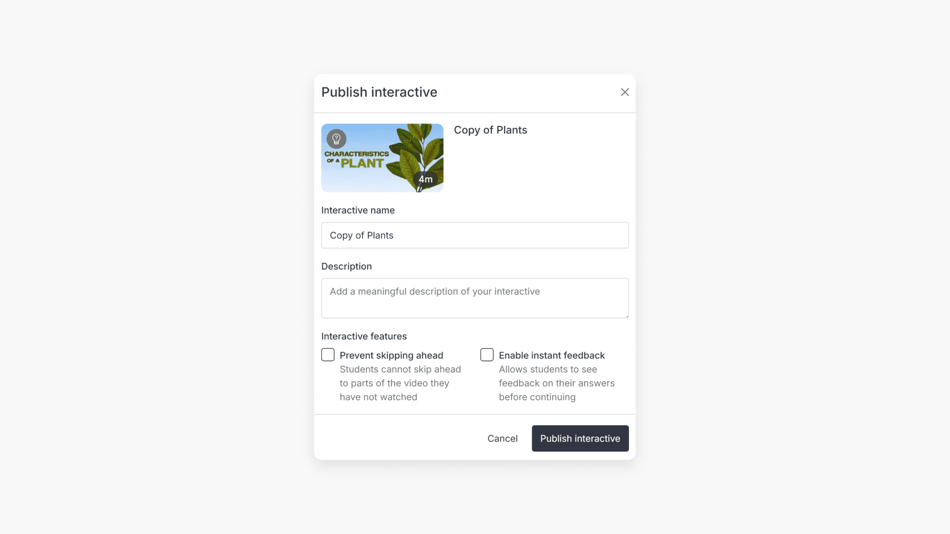 'Publish interactive' pop-up window