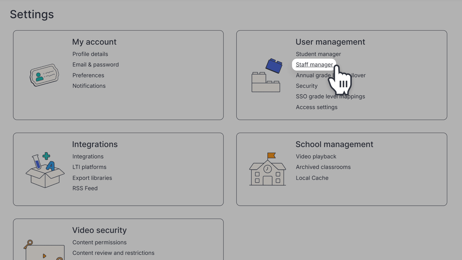 Window highlighting the "Staff Management" option under the User management section of ClickView Settings page