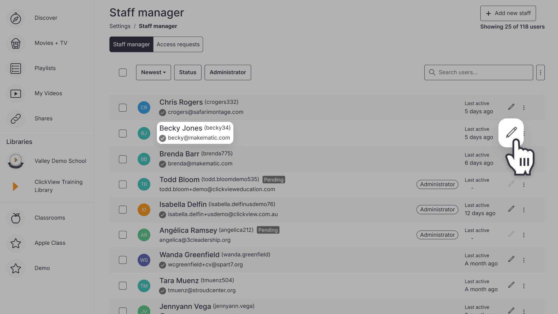 Window highlighting the "pencil" icon with a cursor pointing in it in the Staff Manager page