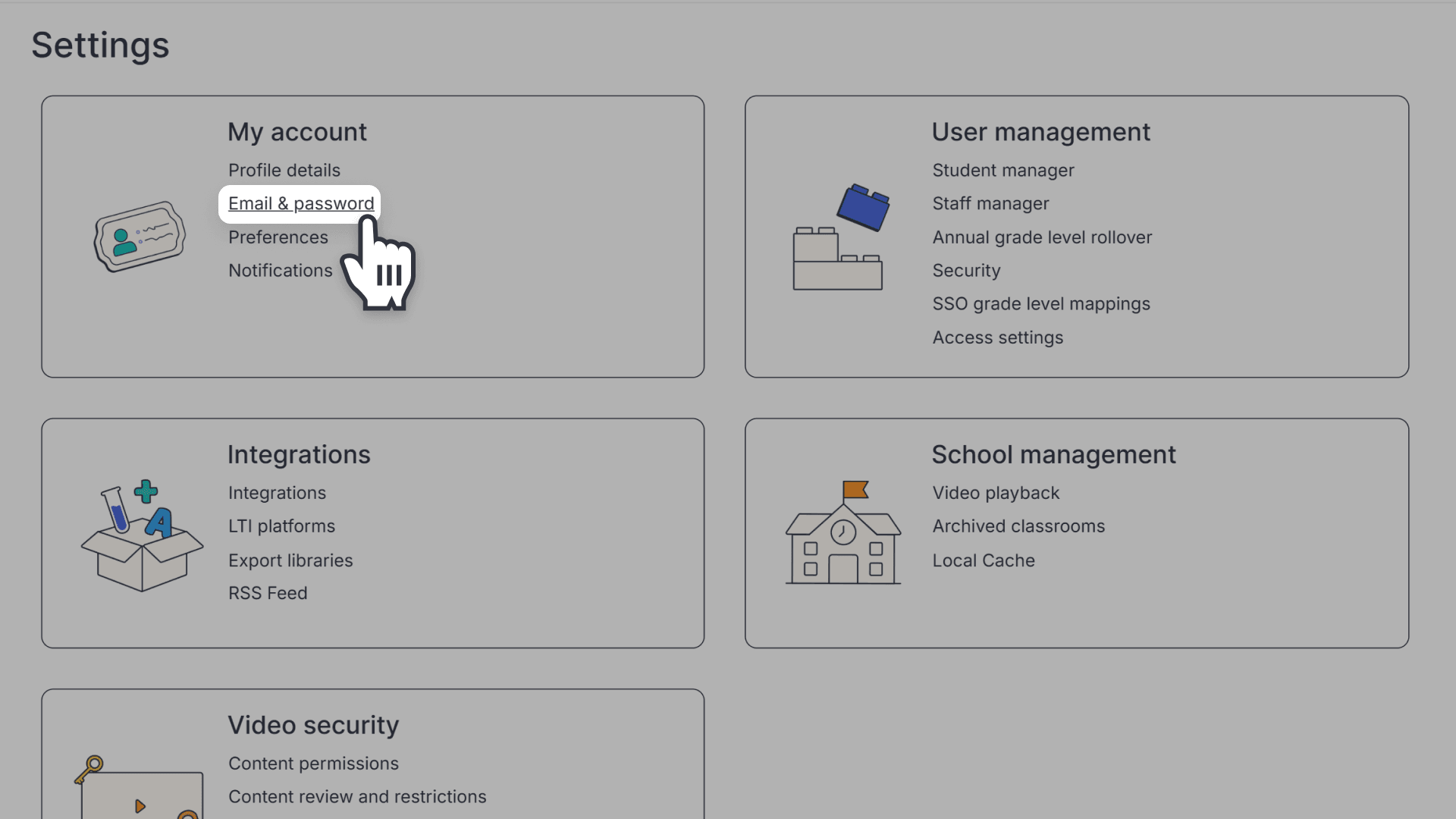 Window highlighting the "Email & password" option under the My account section of ClickView Settings page