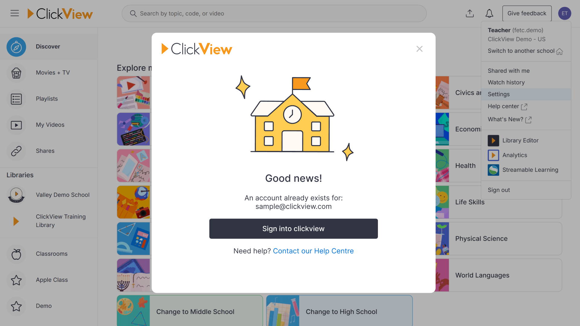 A pop-up window displaying that an account already exists for a certain email address
