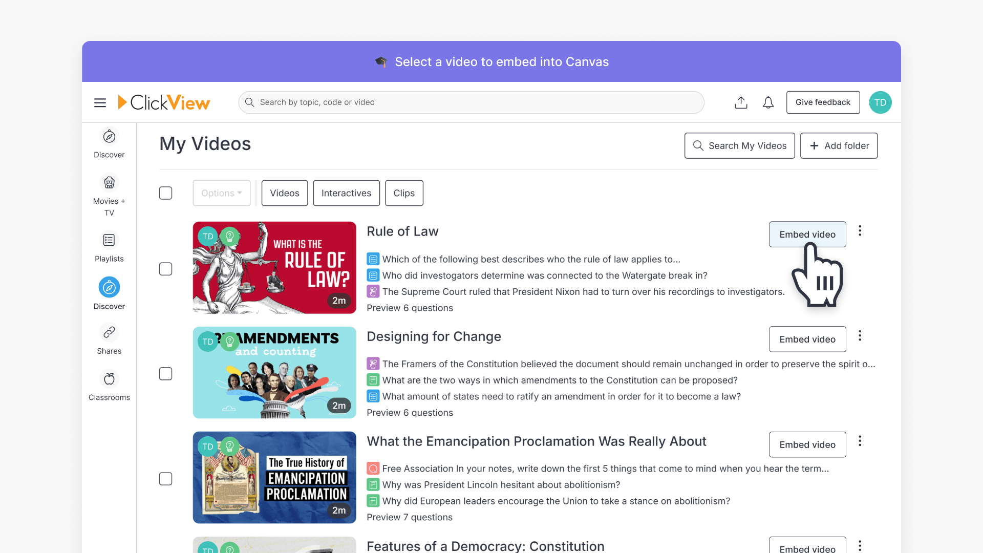 Clickview embed video button