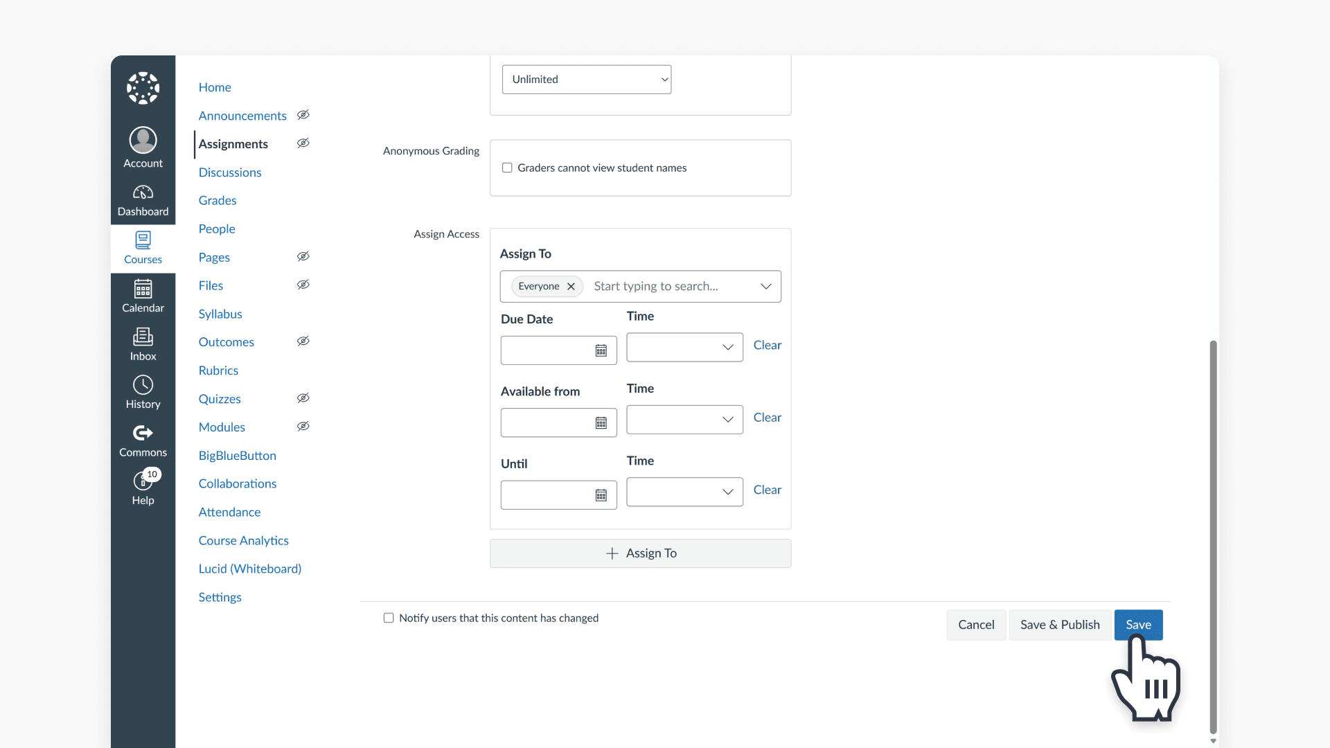 Canvas save assignment button