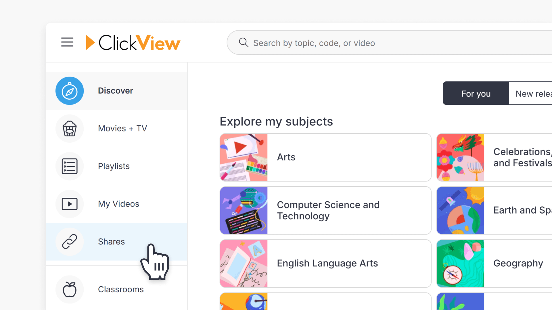 Hand pointing over "Shares" in the left navigation