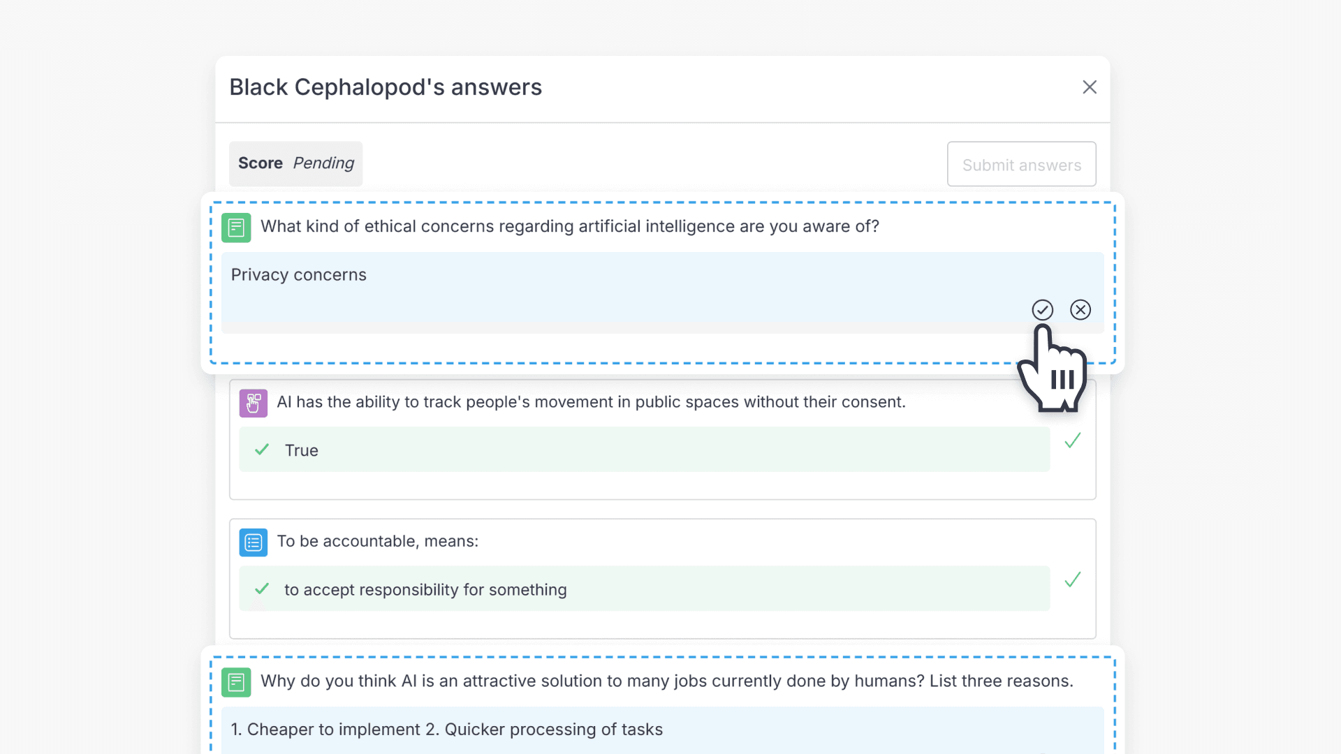 Hand pointing to a check mark enclosed in a circle