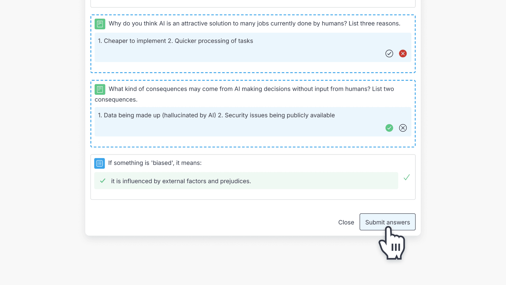 Hand pointing to 'Submit answers' button