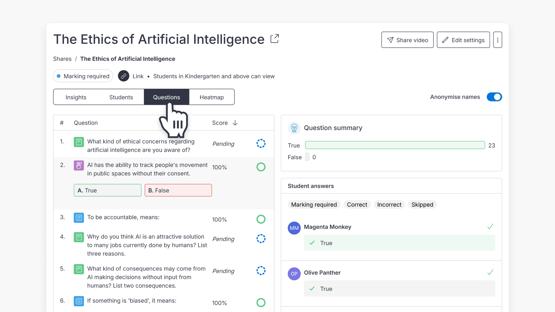 Hand pointing to 'Questions' tab of Share analytics