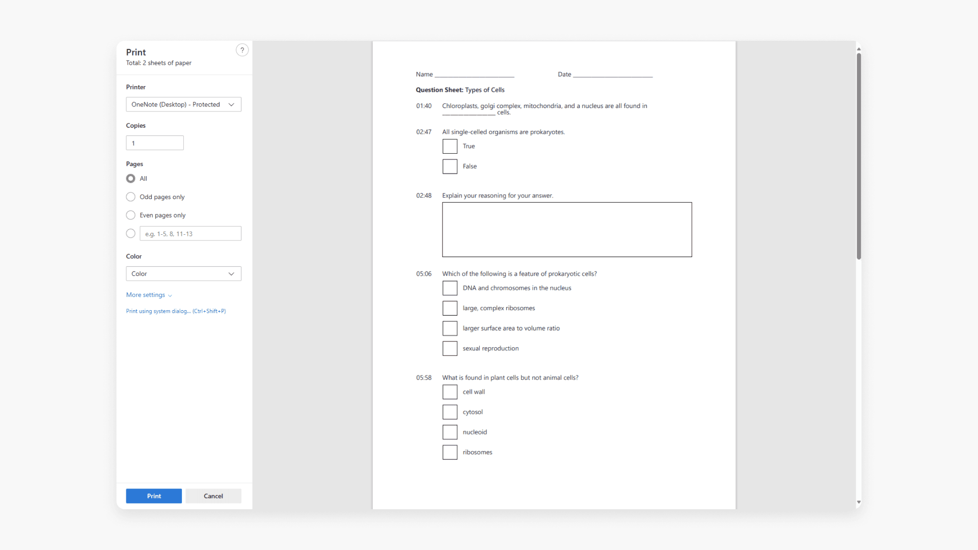 Print view of an exported worksheet