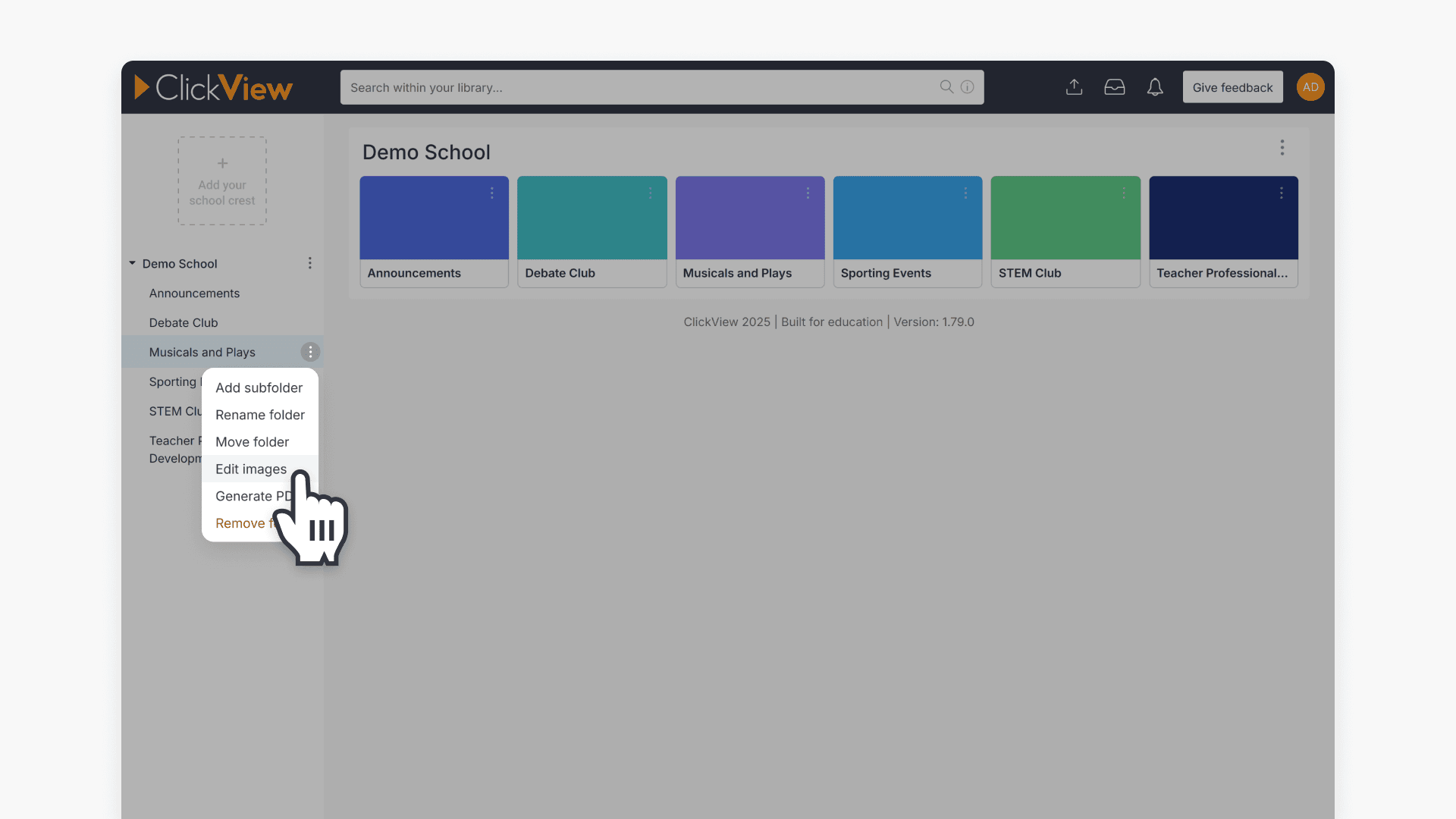 Hand pointing to 'Edit images' option under the three dot menu