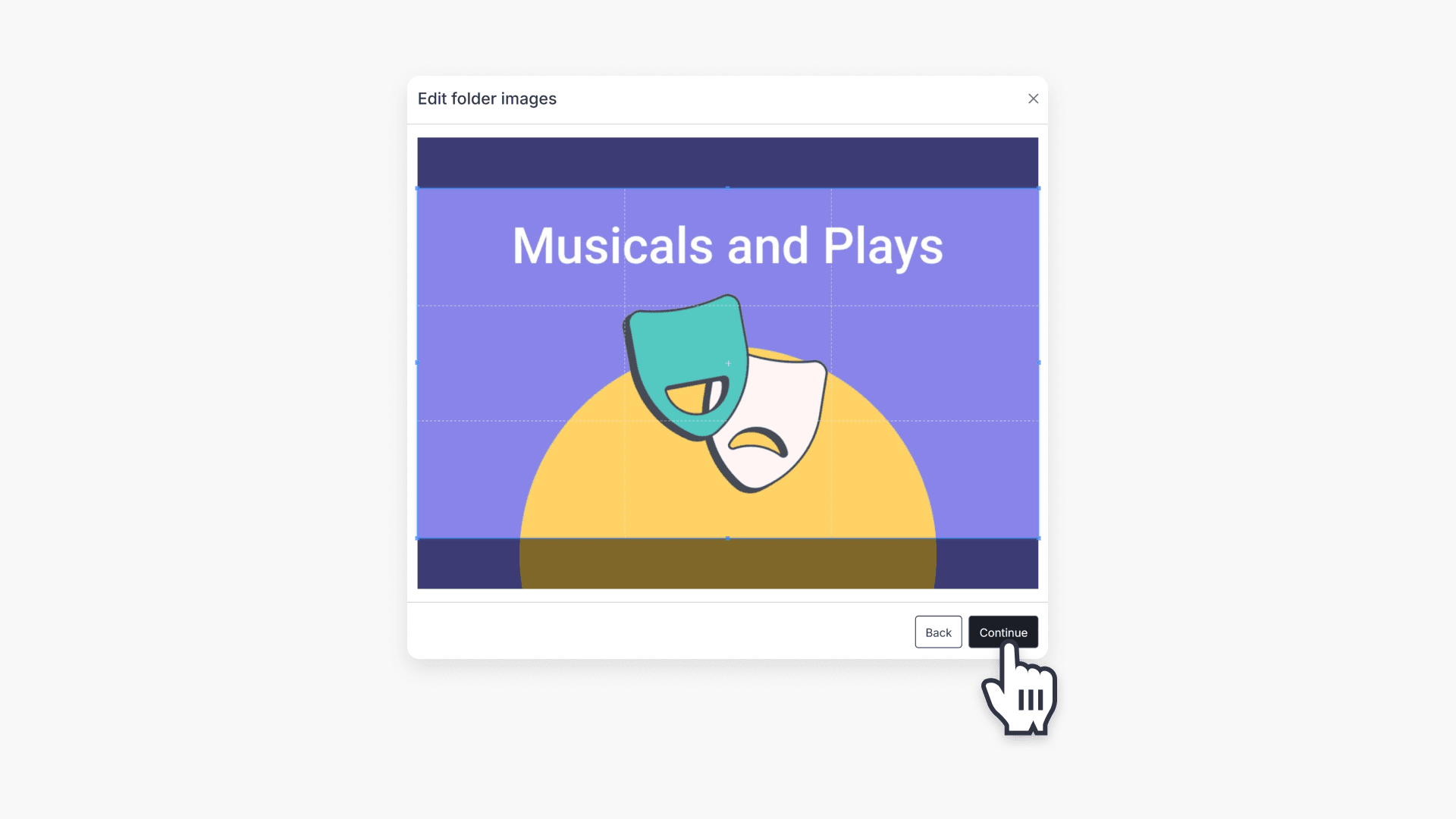 Hand pointing to 'Continue' button in 'Edit folder images' pop-up window