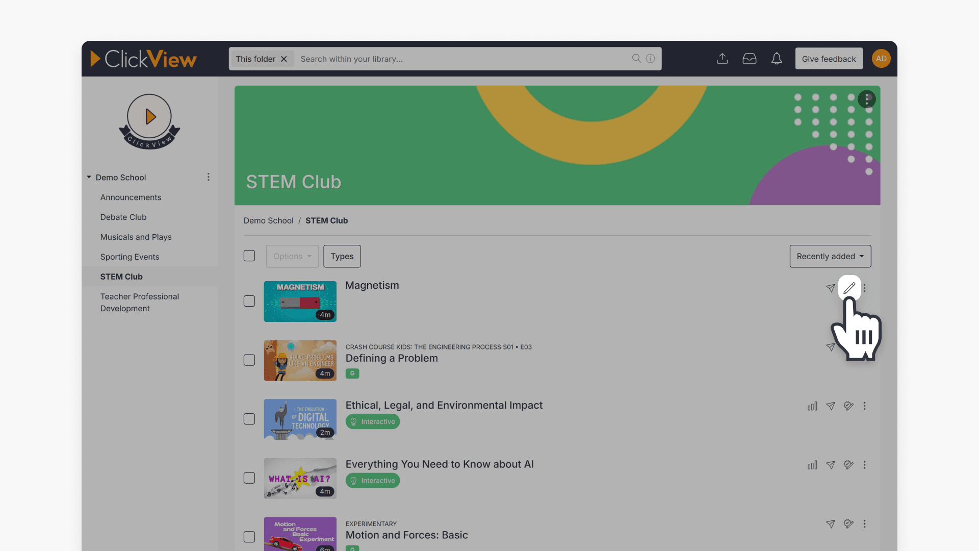 Hand pointing to the 'pencil' icon