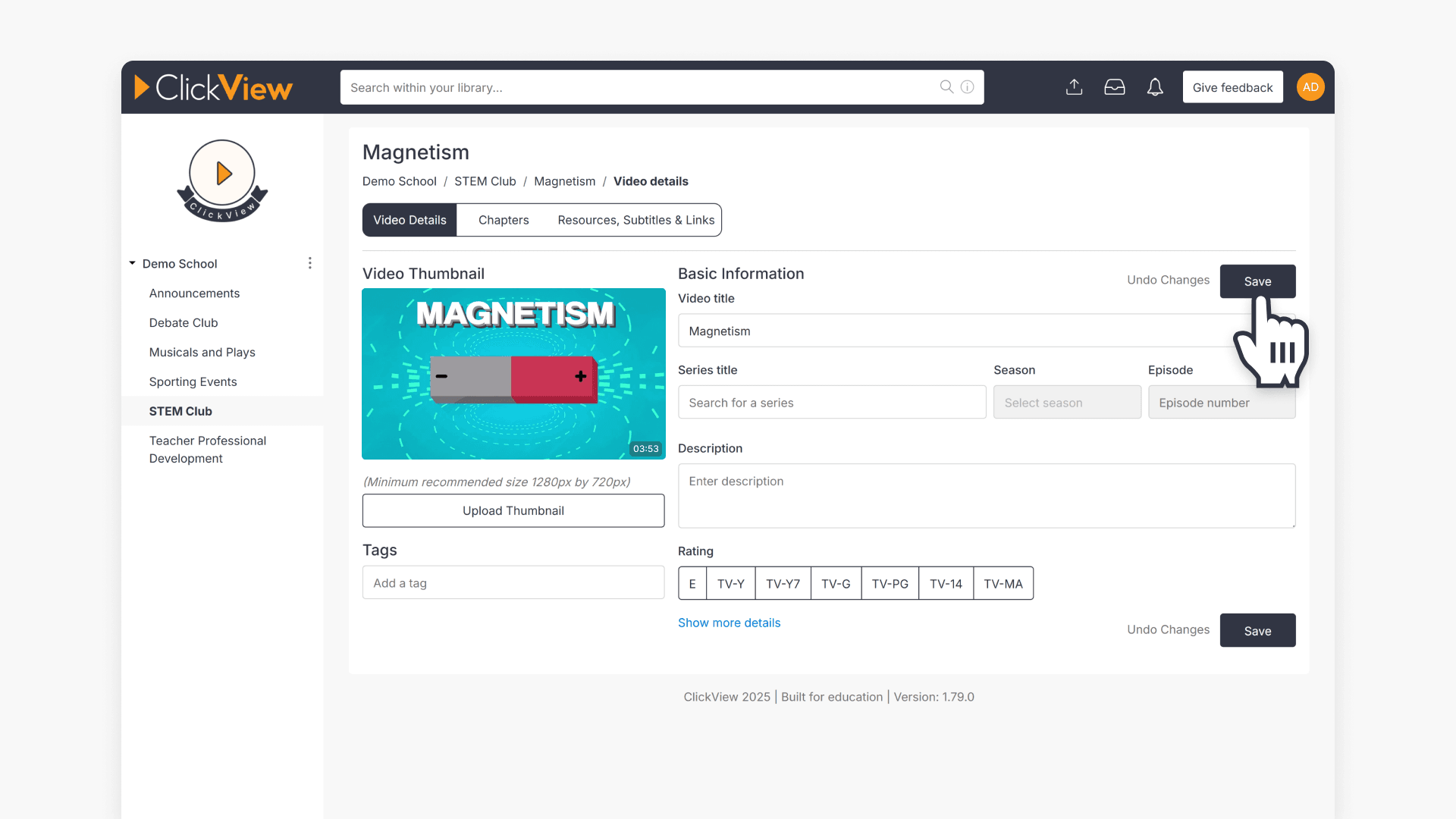 Hand pointing to 'Save' button