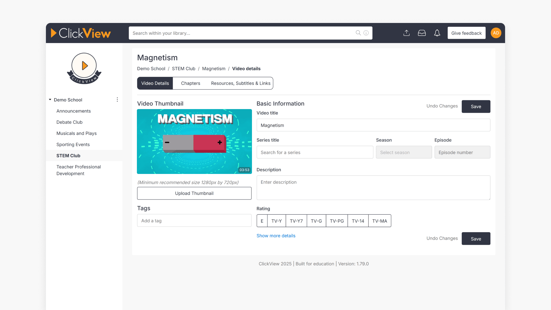 Library Editor's 'Video details' page