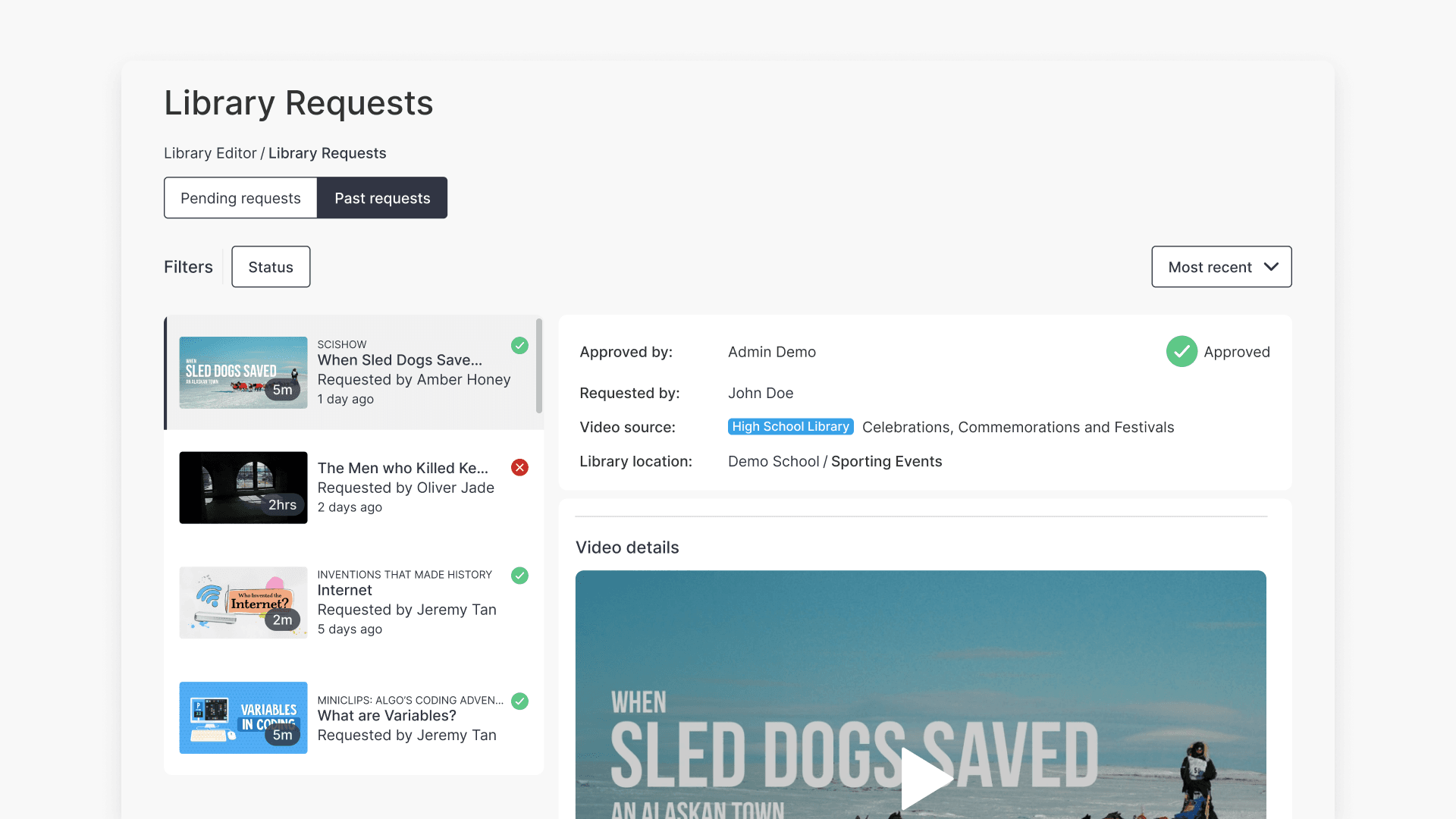 'Past requests' tab of Library Requests
