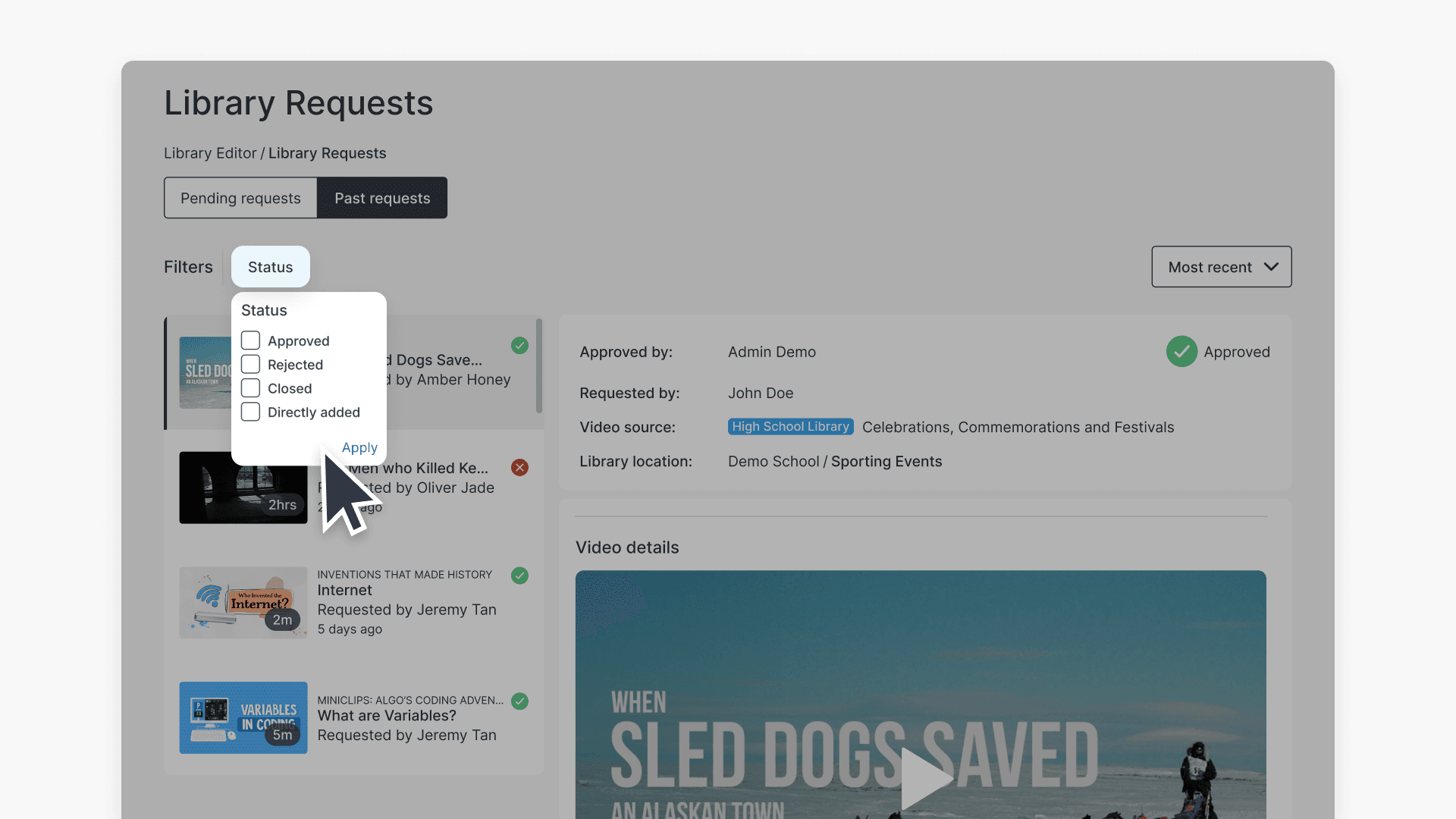 Cursor pointing to the highlighted options below the 'Status' filter