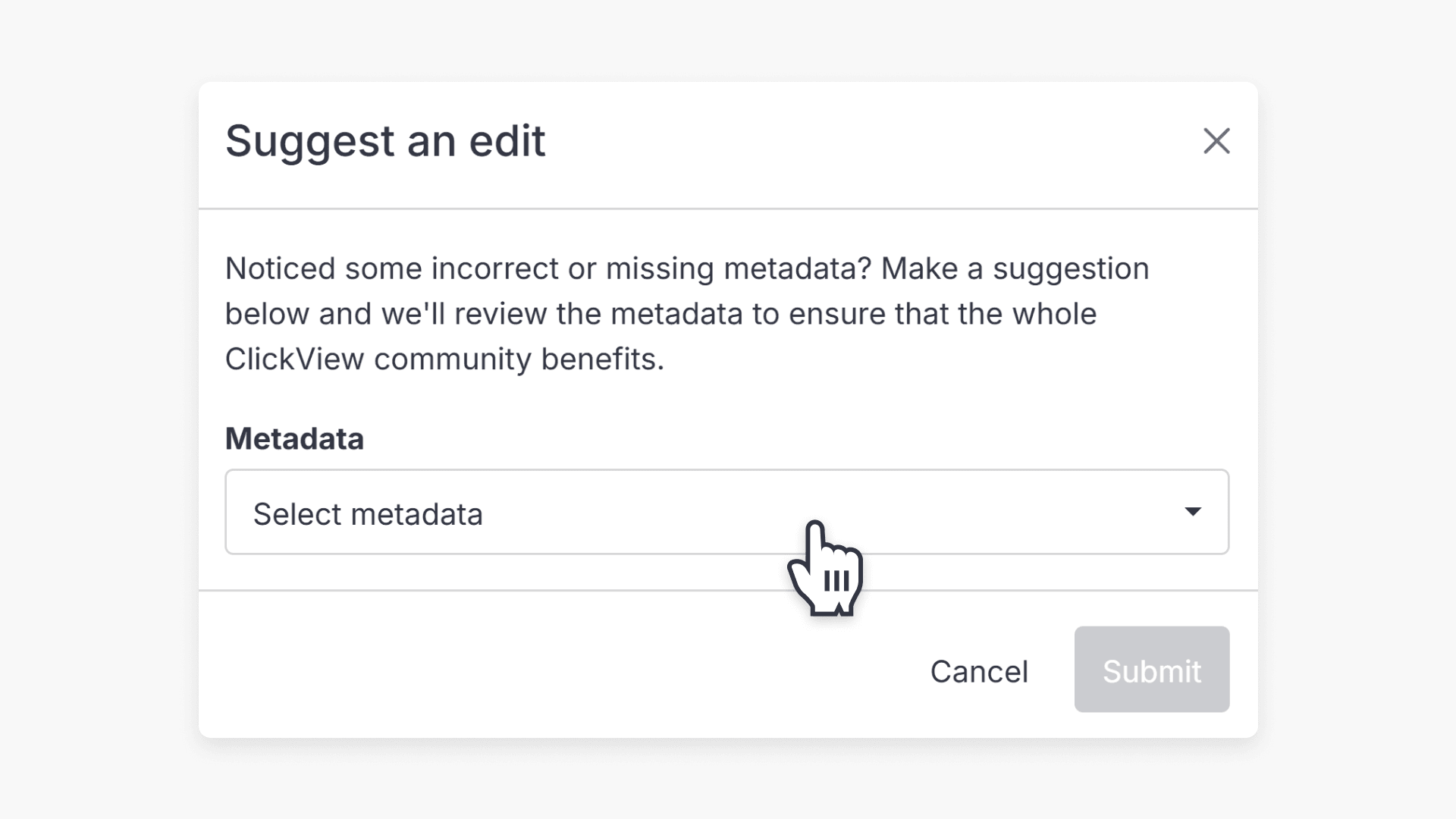 Hand pointing to the dropdown of 'Metadata'