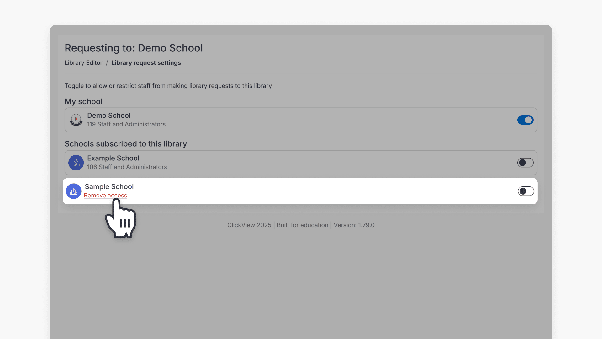 Hand pointing to the highlighted 'Remove access' hyperlink in the 'Library request settings' page