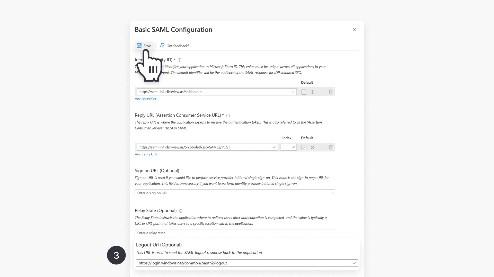 Basic SAML configuration interface