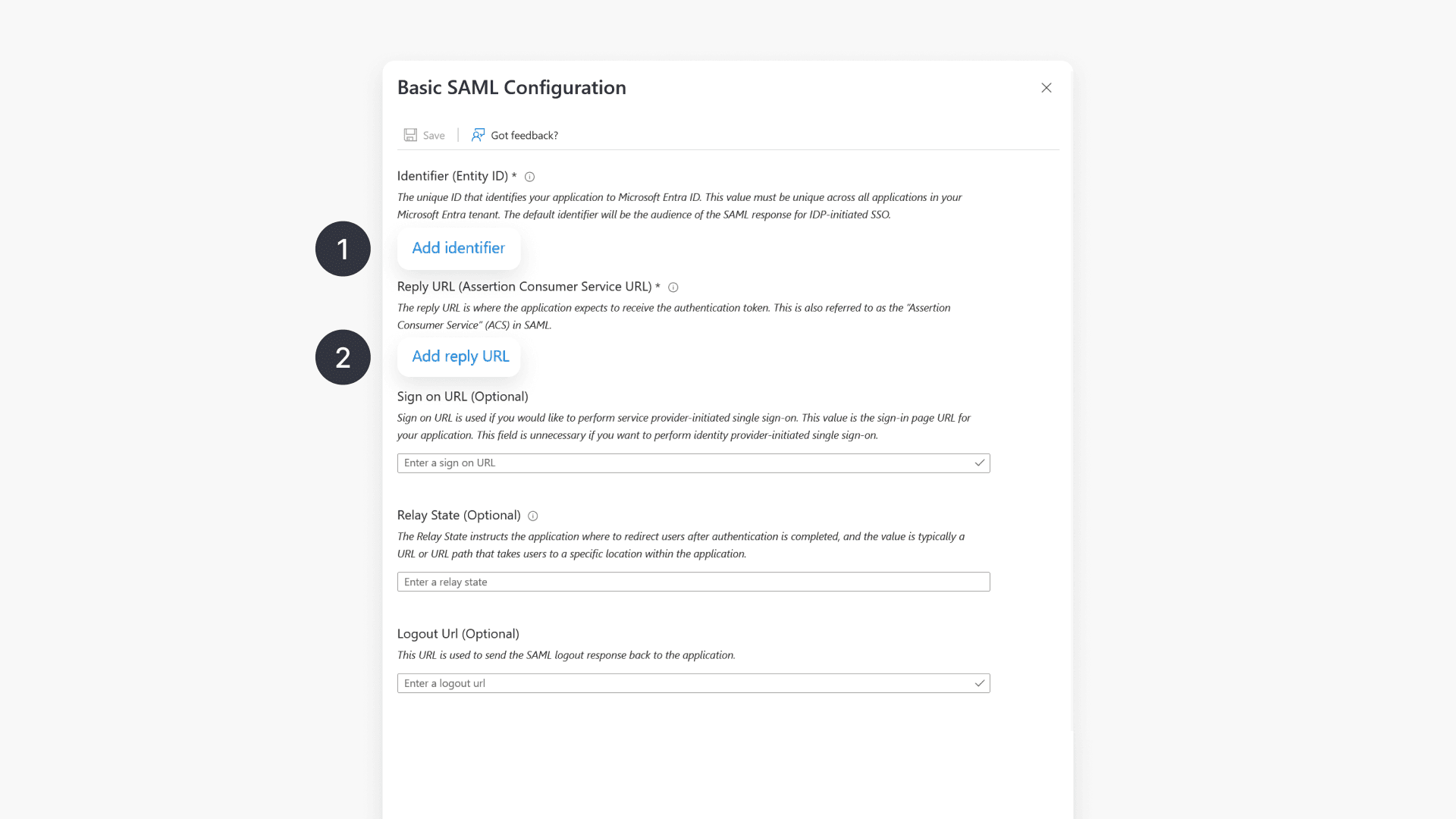 Basic SAML configuration interface